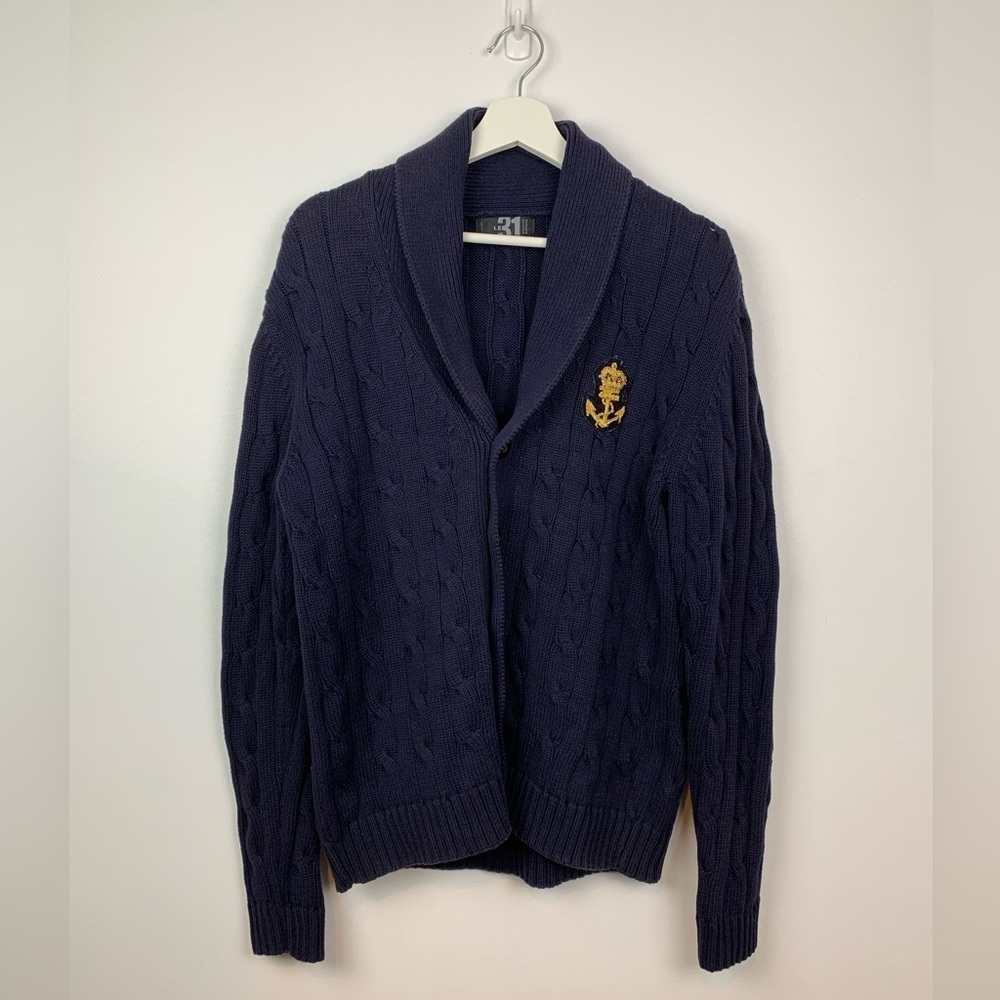 Cable Knit Cardigan Sweater Navy Blue Anchor Crest Fisherman Large Simons Cotton